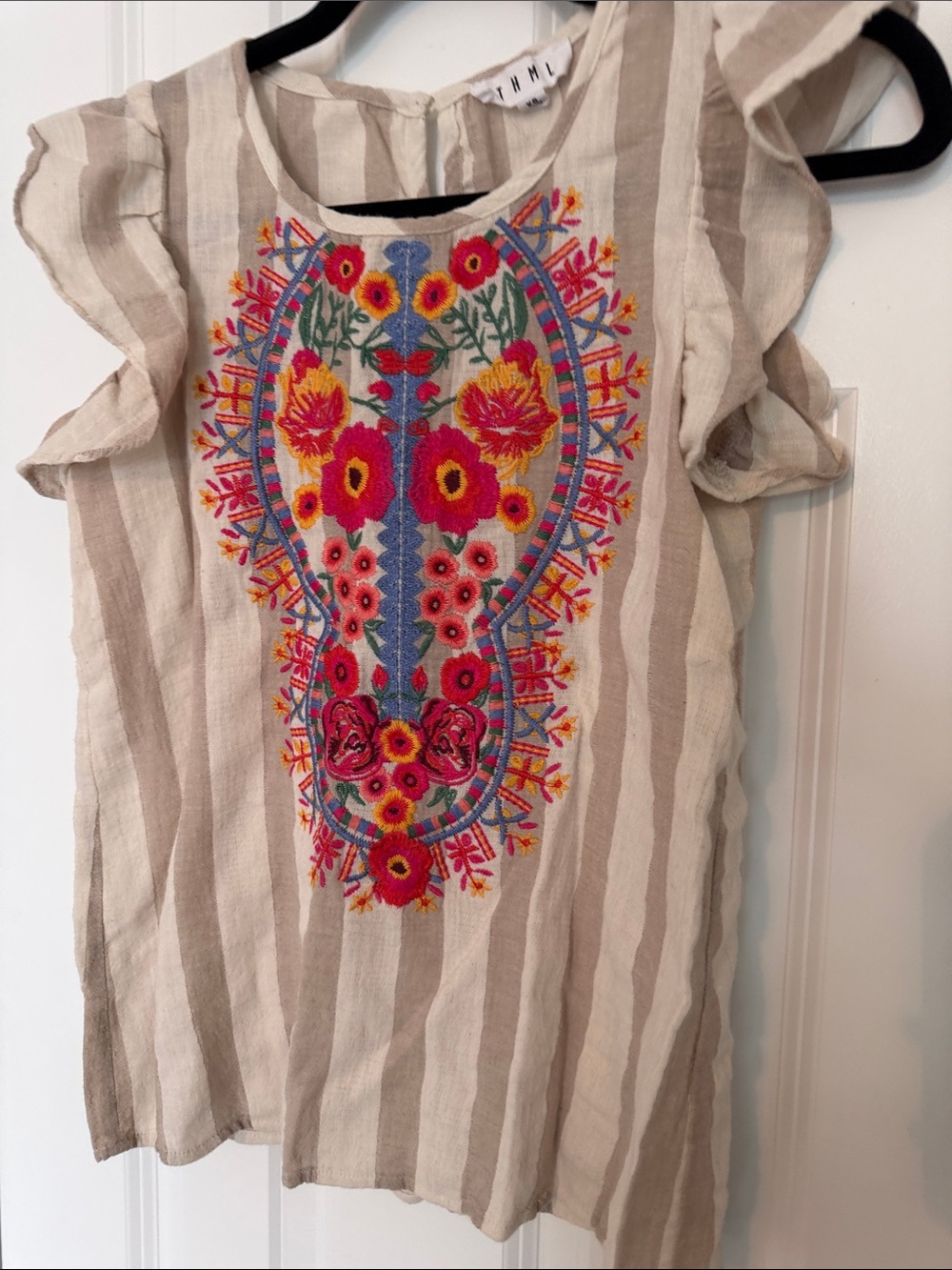 THML Beige & Cream Striped Embroidered Flutter Sleeve Blouse - Picture 6 of 6
